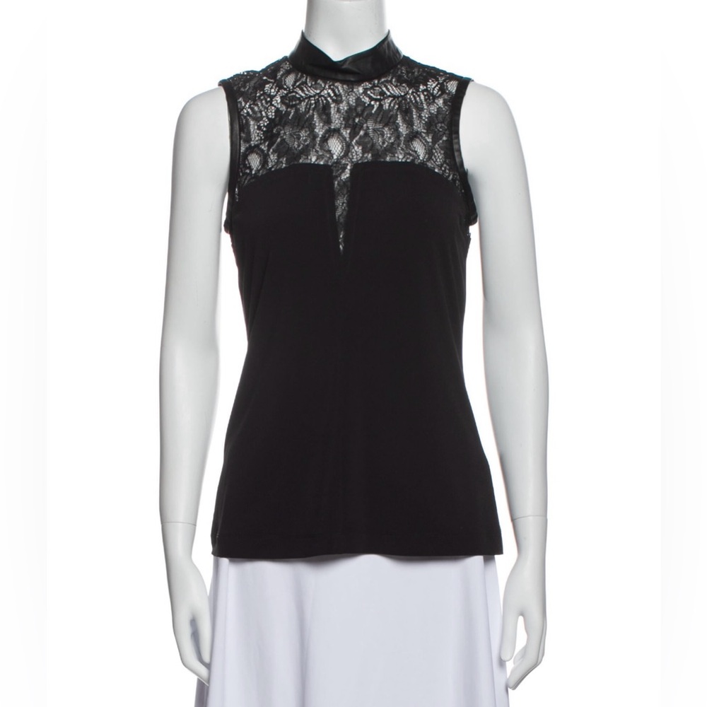Cut25 by Yigal Azrouël Mock Neck Elegant Black Leather & Lace Sleeveless Top